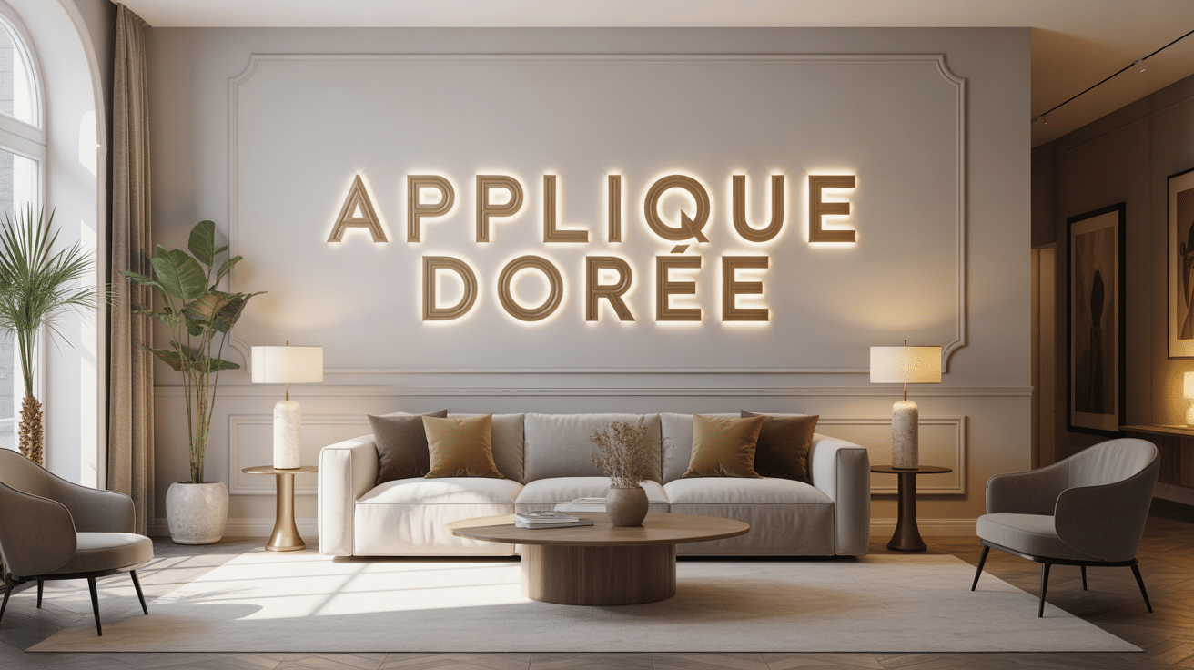 applique dorée illuminée mur blanc salon moderne