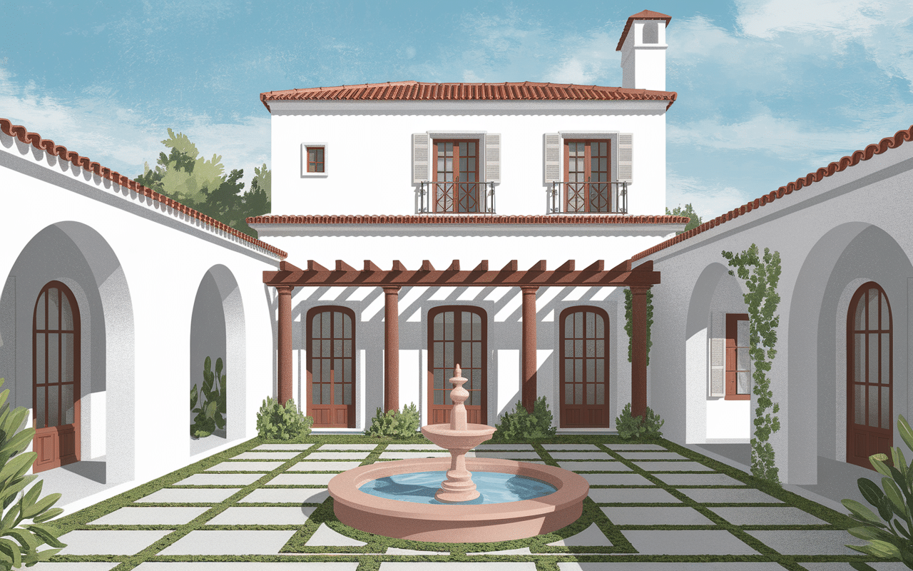 façade maison espagnole patio arches tuiles