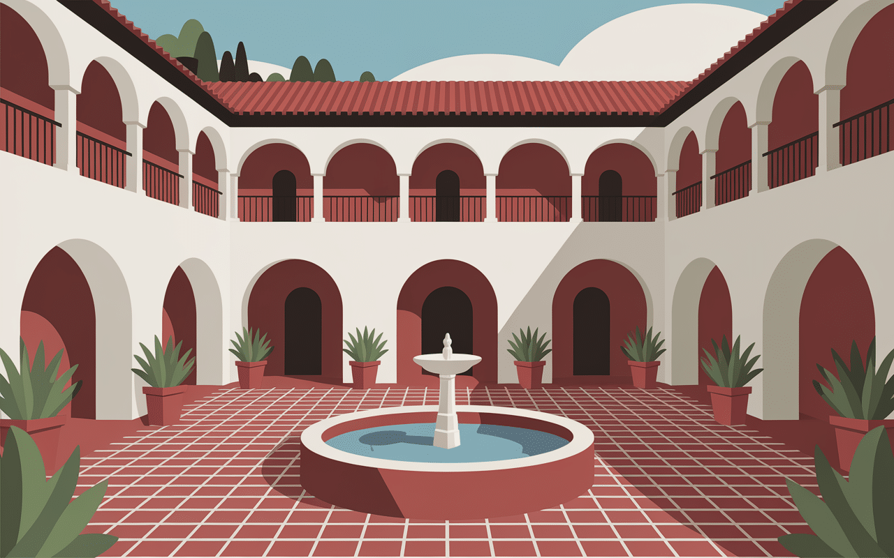 architecture maison hacienda patio central arcs tuiles