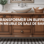 Buffet transformé en meuble de salle de bain avec vasque blanche