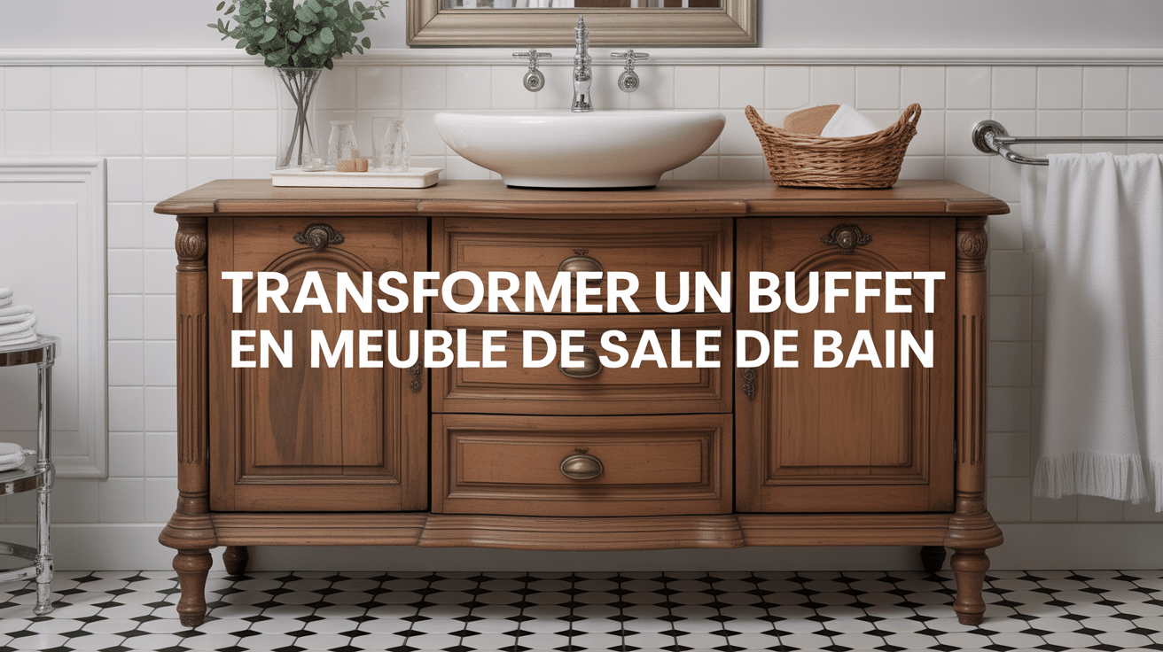 Buffet transformé en meuble de salle de bain avec vasque blanche