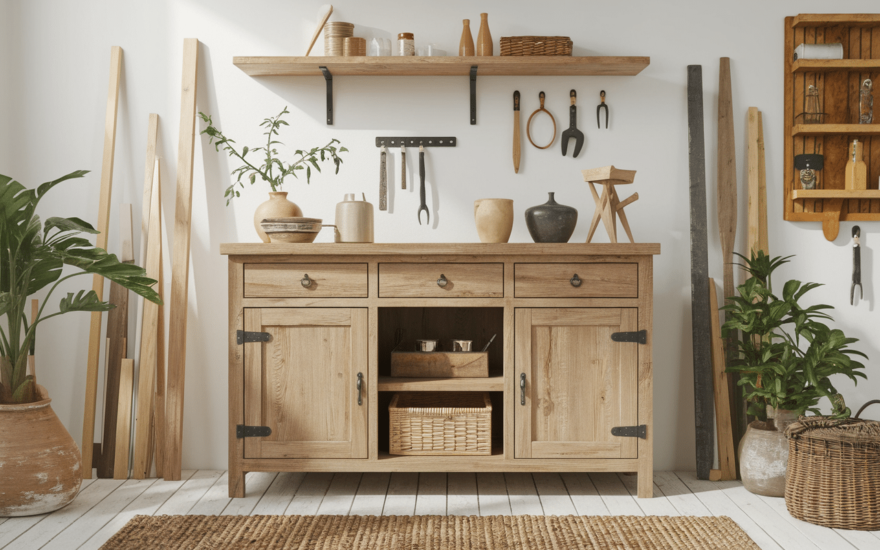 Buffet transformé en meuble de salle de bain vintage en bois massif