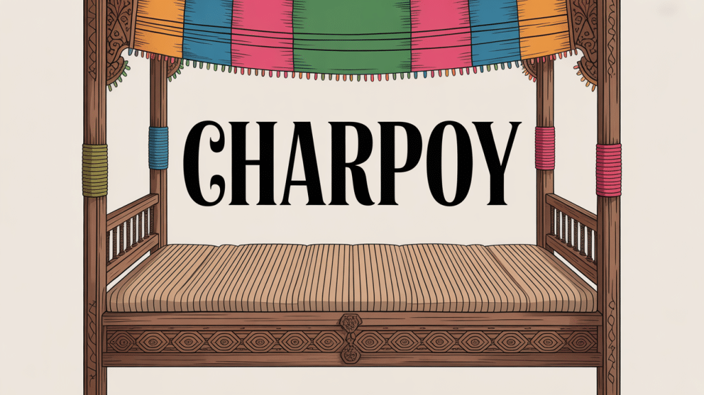 Charpoy traditionnel en bois et cordes illustré avec éléments déco indiens