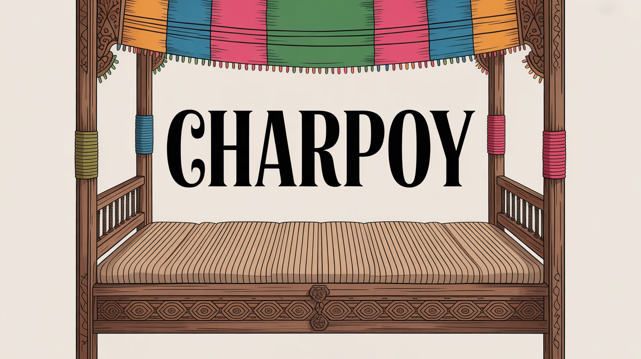 Charpoy traditionnel en bois et cordes illustré avec éléments déco indiens