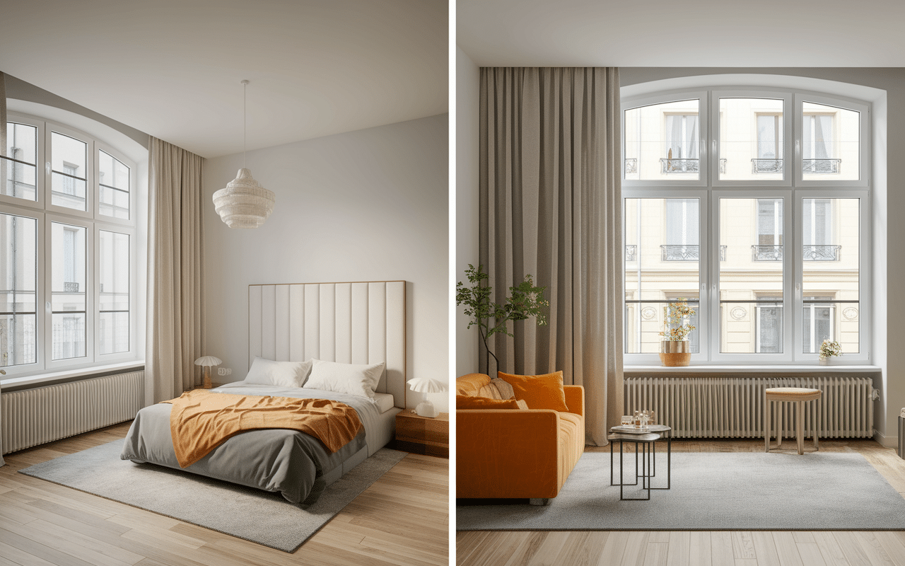 Avant après store occultant Toiciel chambre, lumière tamisée