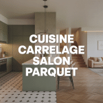Vue cuisine carrelage salon parquet transition harmonieuse contemporaine