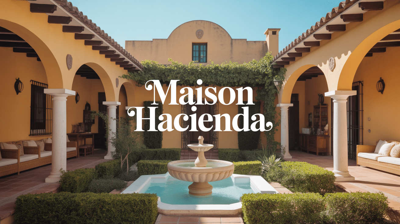 maison hacienda avec patio central, murs ocre, toit tuiles