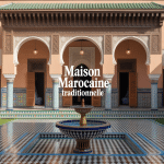 Vue maison marocaine traditionnelle avec patio et fontaine