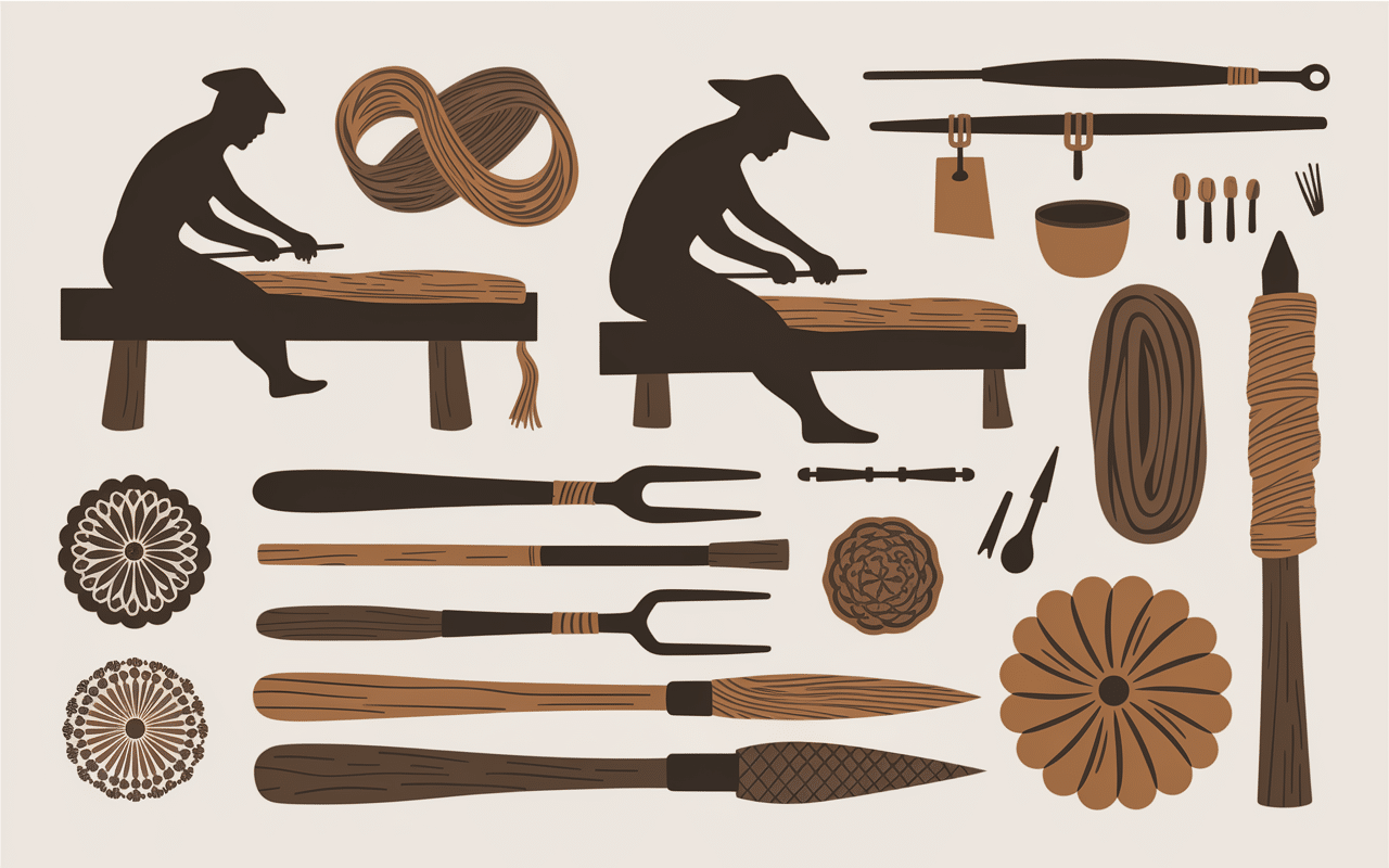 Artisans travaillant charpoy tressage bois cordes illustration