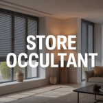 Salon moderne avec store occultant Toiciel gris filtrant la lumière