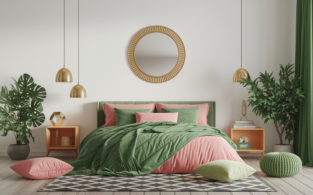 Accessoires roses et verts pour chambre verte et rose