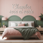 Chambre rose et verte moderne avec lit et plantes