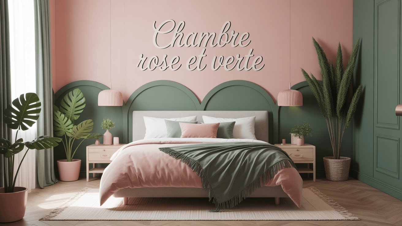 Chambre rose et verte moderne avec lit et plantes