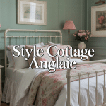 Chambre style cottage anglais avec lit blanc et coussins fleuris