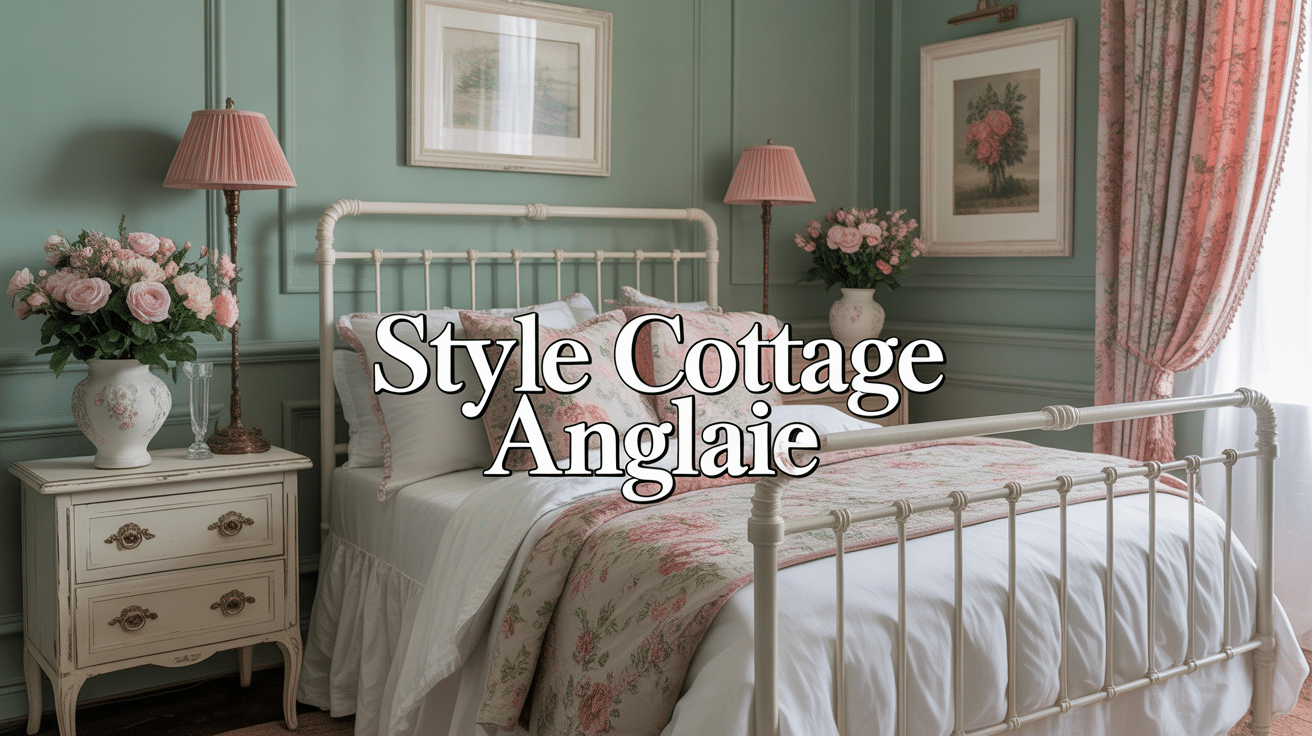 Chambre style cottage anglais avec lit blanc et coussins fleuris