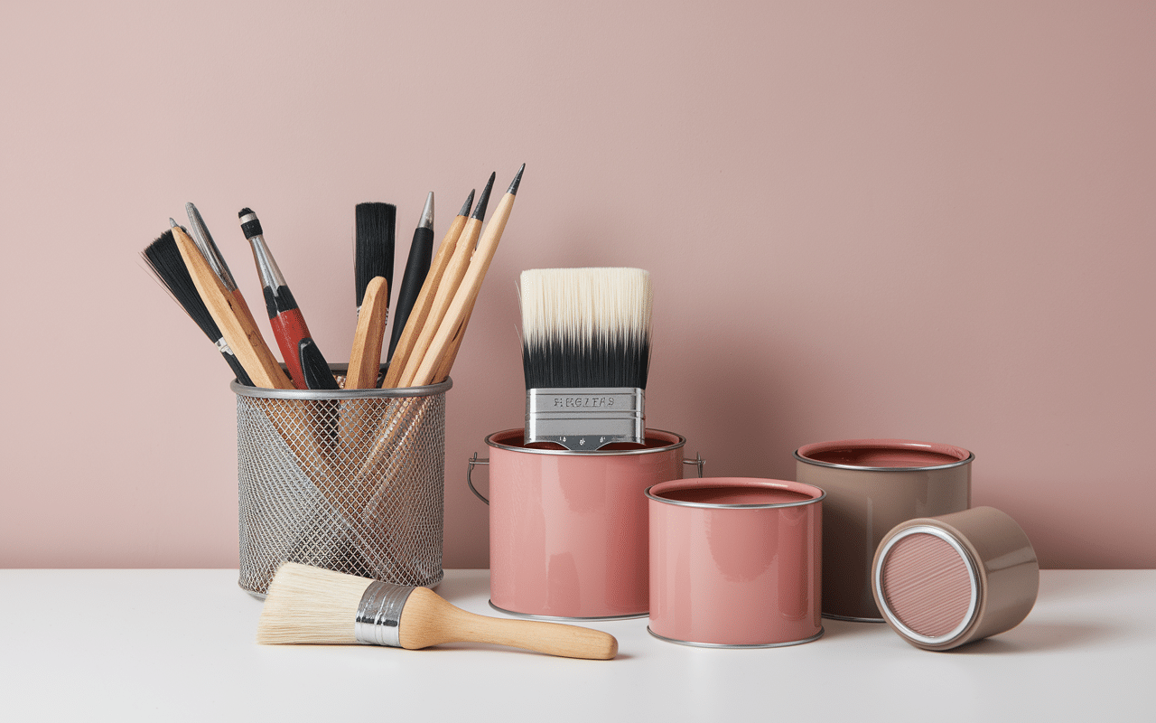 Outils peinture rose poudré et taupe