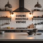 Cuisine style industriel vintage murs briques et beton suspensions metal