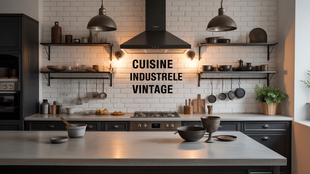 Cuisine style industriel vintage murs briques et beton suspensions metal