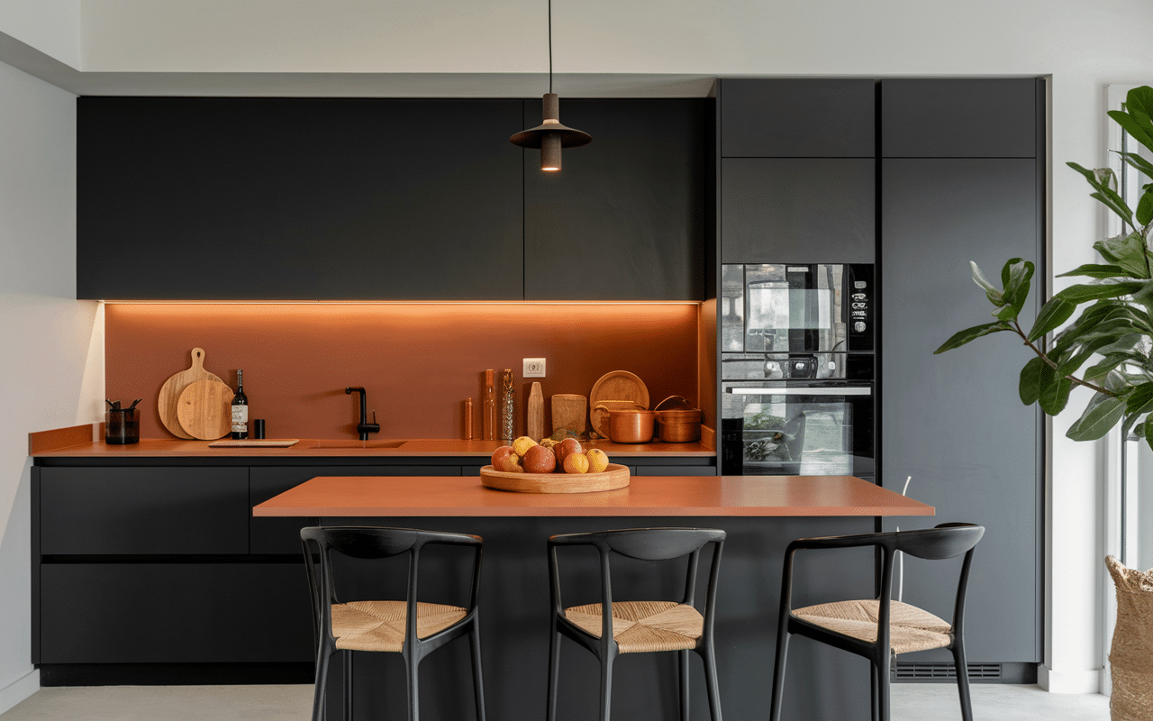 Cuisine terracotta et noir avec meubles noirs et mur terracotta