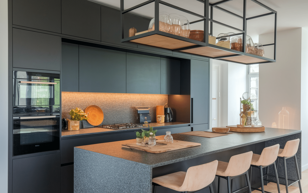 Détails matériaux cuisine terracotta et noir haut de gamme