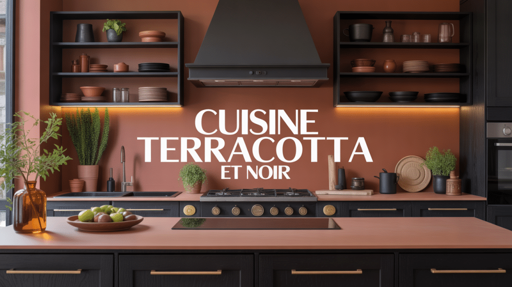 Cuisine terracotta et noir avec îlot central et éclairage chaleureux