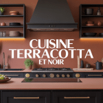 Cuisine terracotta et noir avec îlot central et éclairage chaleureux