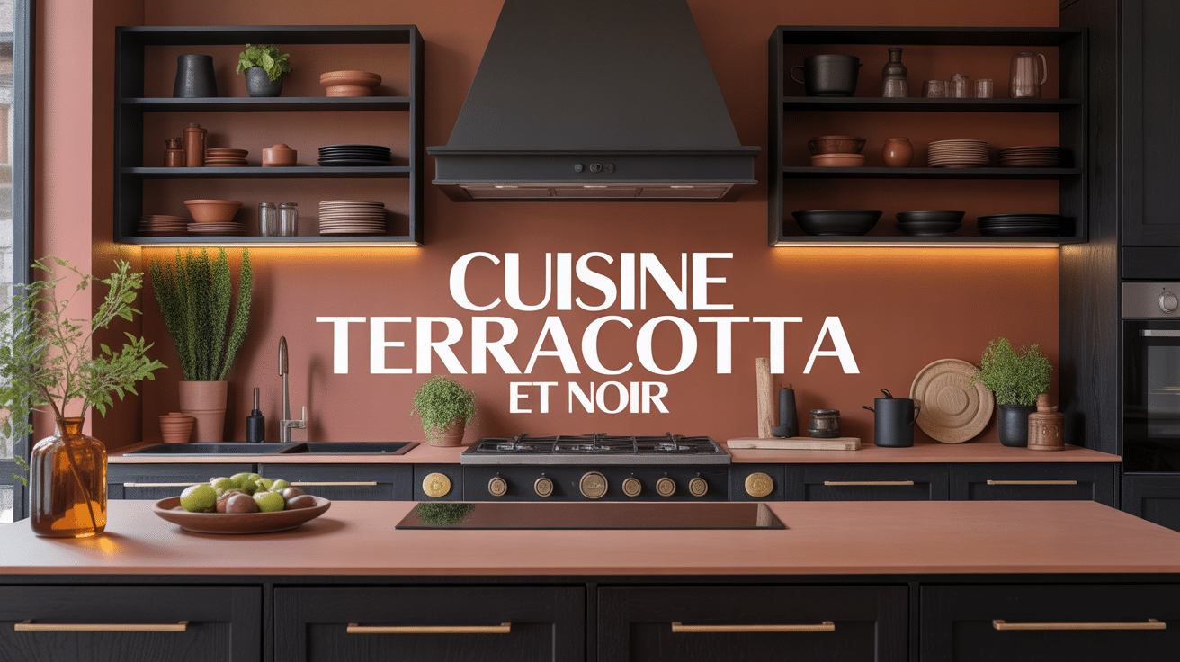 Cuisine terracotta et noir avec îlot central et éclairage chaleureux