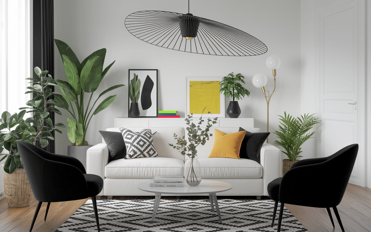 Accessoires et éclairage pour salon noir et blanc tendance