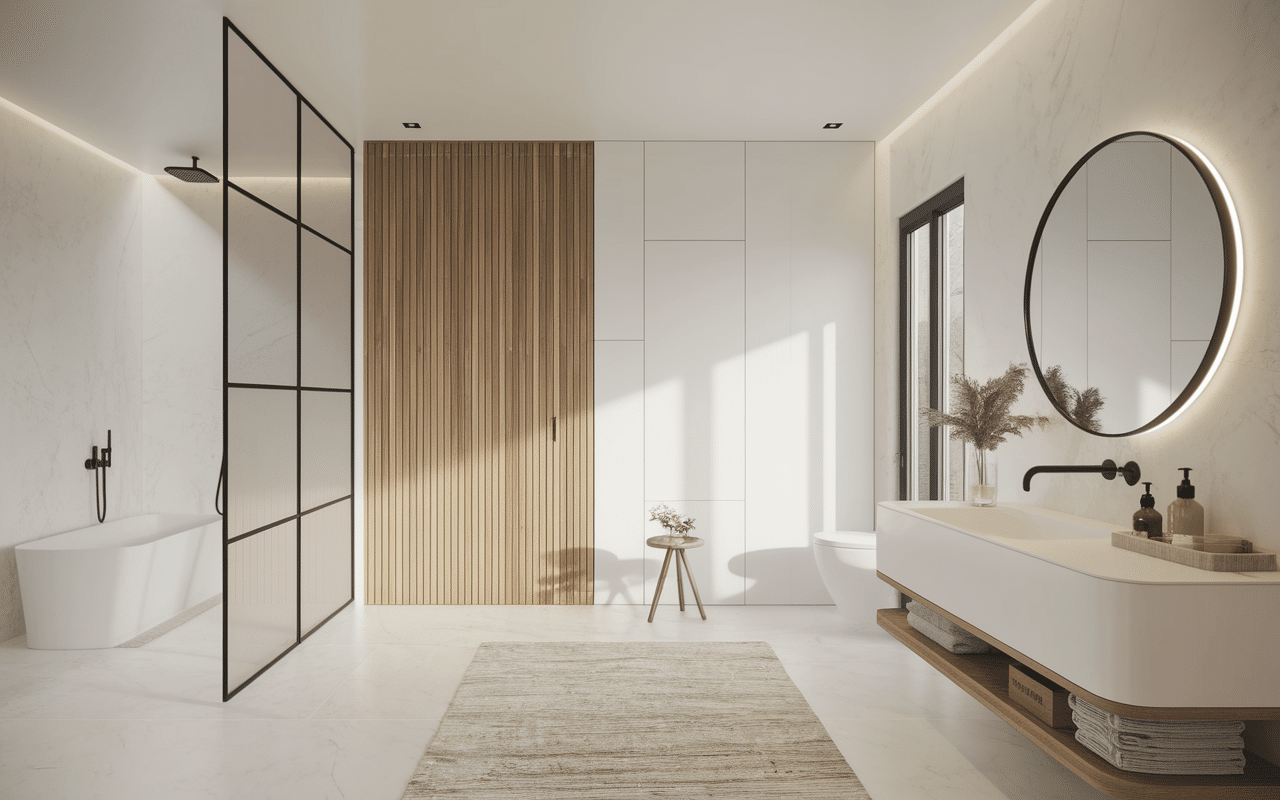 dressing moderne dans salle de bain avec rangements modulaires