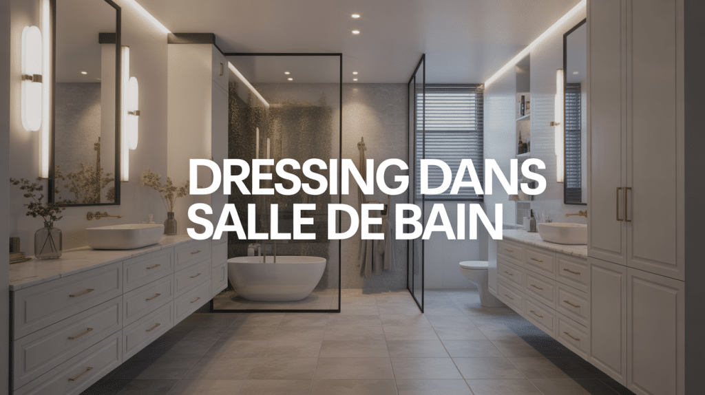 dressing dans salle de bain moderne avec armoires blanches