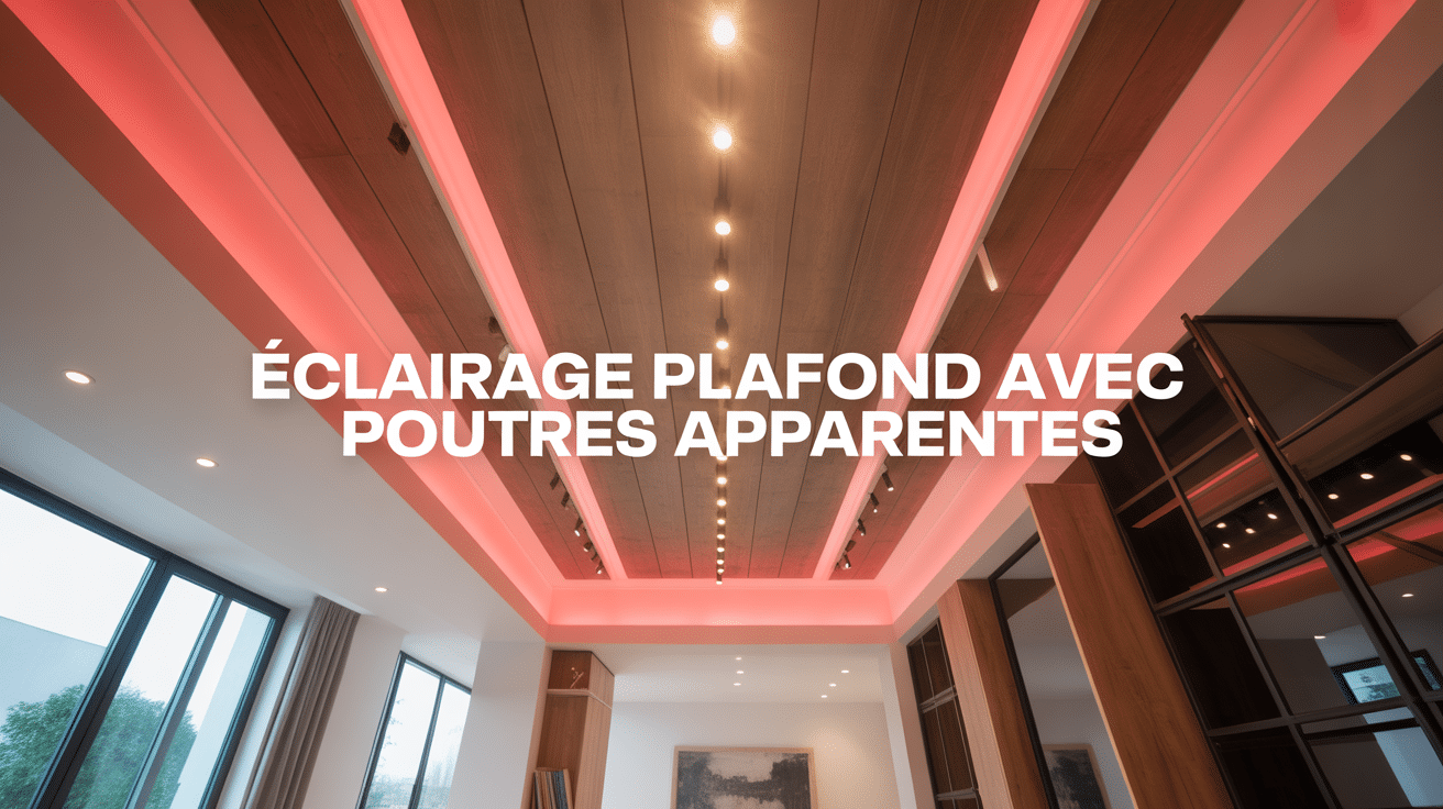 Eclairage plafond poutre apparente avec spots LED et rubans lumineux
