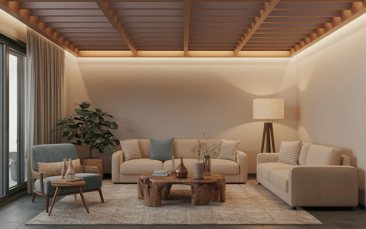 Eclairage plafond poutre apparente salon avec spots et rubans LED