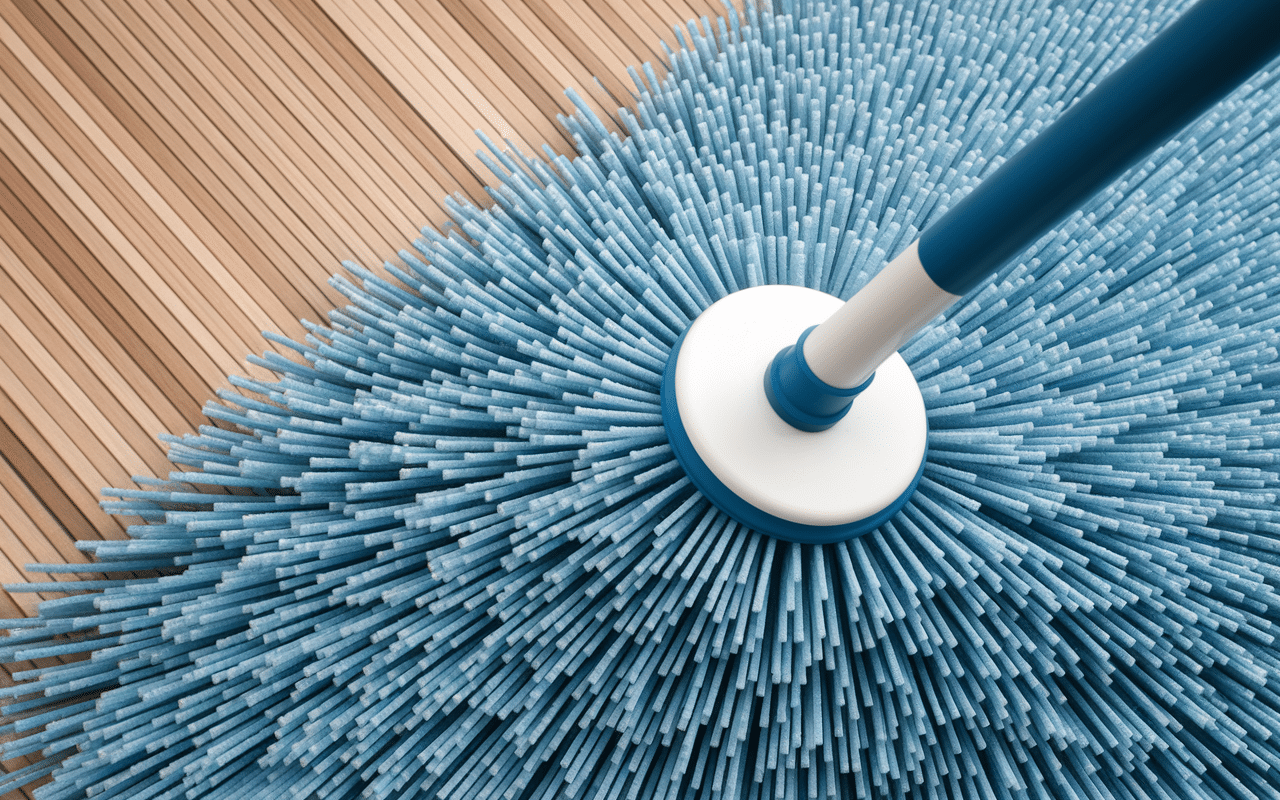 Fibres balai en microfibres capturant poussière sur parquet