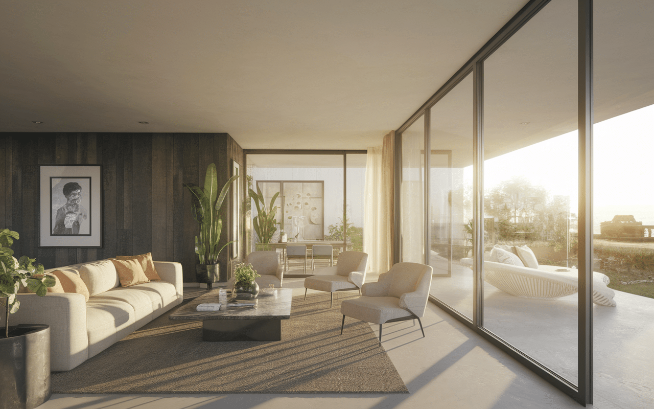 Salon moderne exposition nord ouest lumière fin de journée