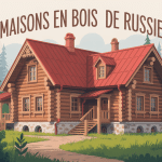 maison en bois de russie entourée de sapins enneigés