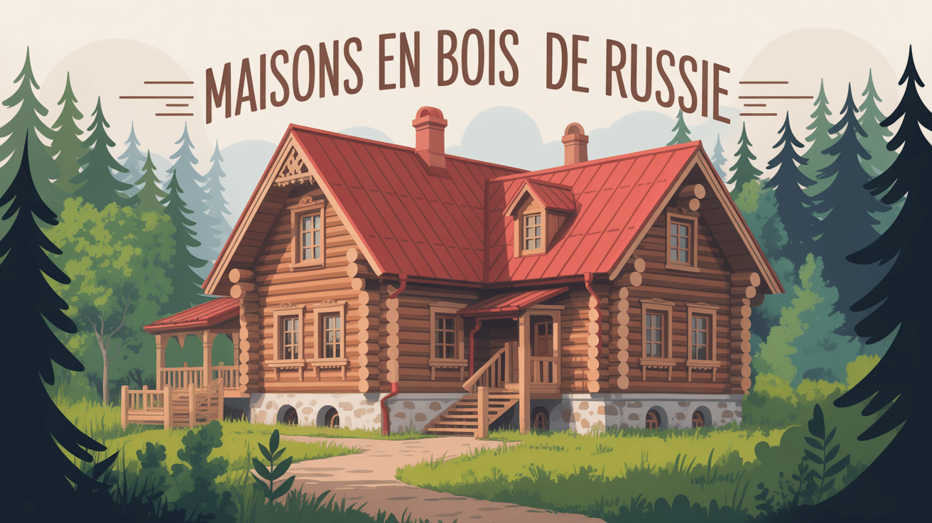 maison en bois de russie entourée de sapins enneigés