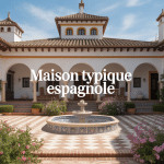 Vue d'une maison typique espagnole avec patio, toit en tuiles rouges