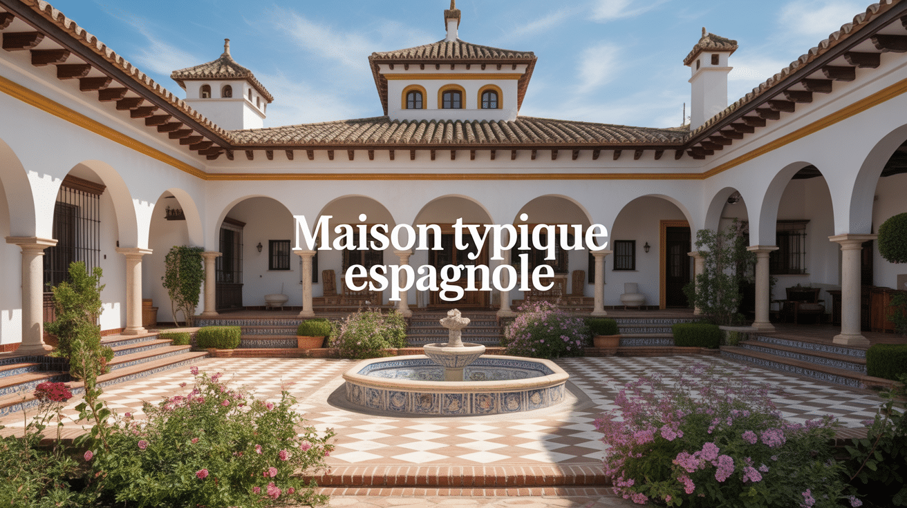 Vue d'une maison typique espagnole avec patio, toit en tuiles rouges