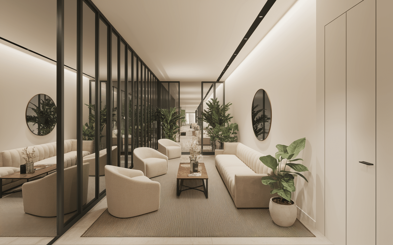 Aménagement moderne pièces en enfilade avec mobilier et miroirs