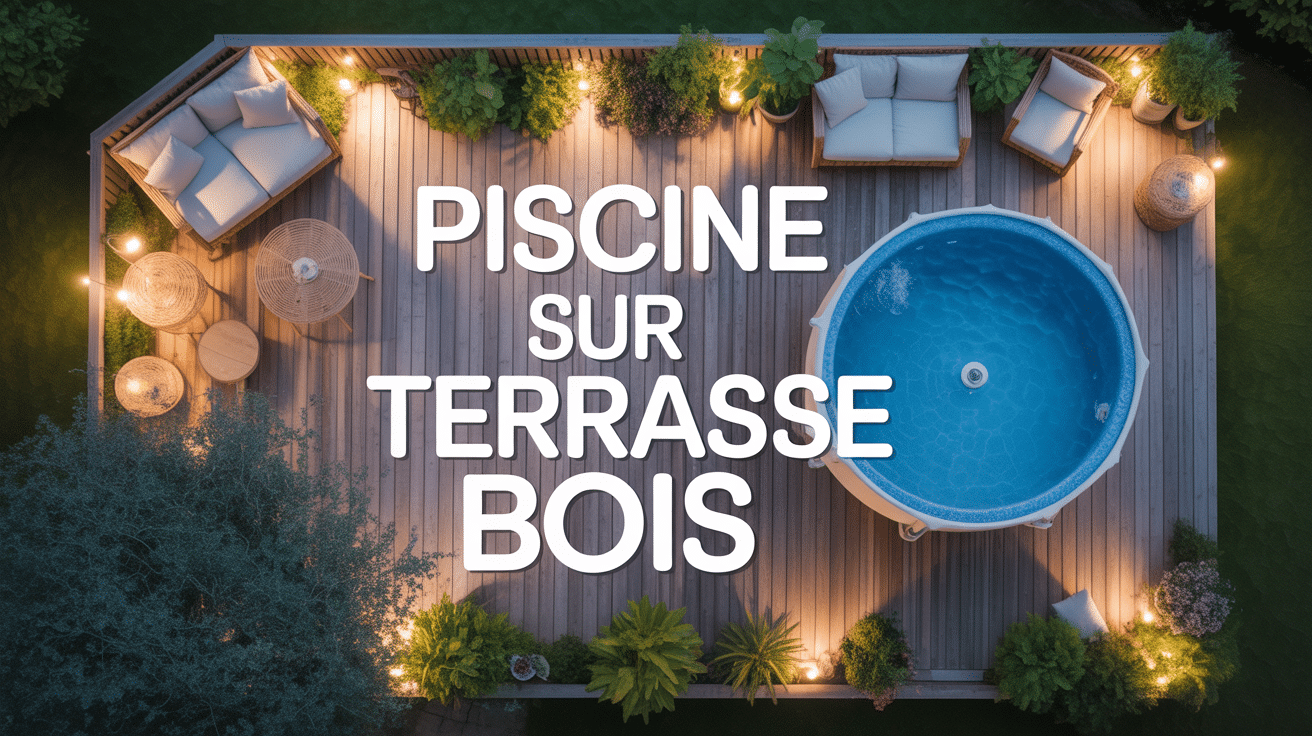 piscine sur terrasse bois avec piscine ronde bleue