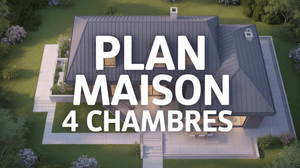 Vue aérienne plan maison 4 chambres moderne avec jardin