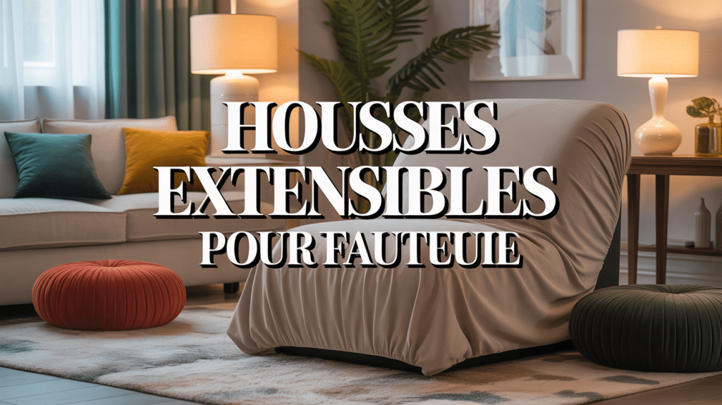 Housse de fauteuil extensible beige sur fauteuil cosy dans salon moderne