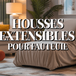Housse de fauteuil extensible beige sur fauteuil cosy dans salon moderne