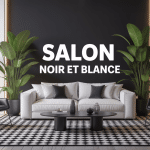 Salon noir et blanc chic, canapé blanc, fauteuils noirs, tapis graphique