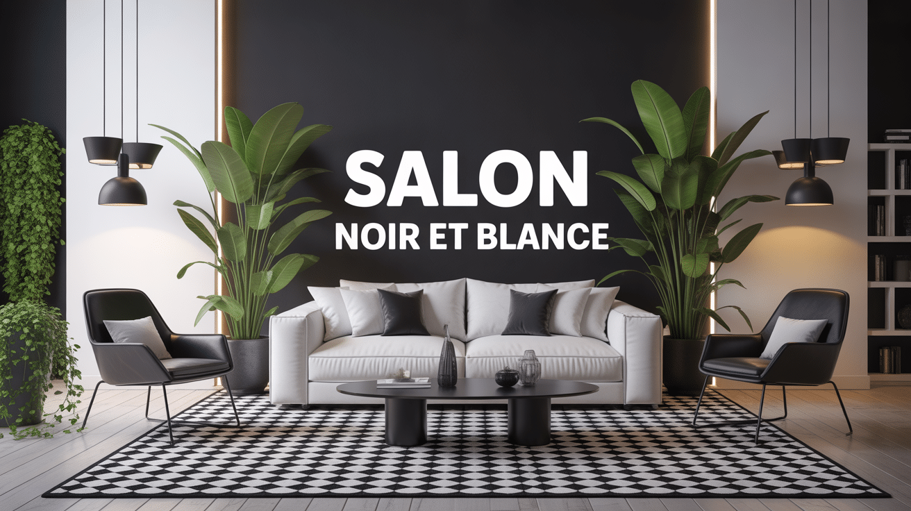 Salon noir et blanc chic, canapé blanc, fauteuils noirs, tapis graphique