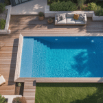terrasse avec piscine en bois vue aérienne moderne