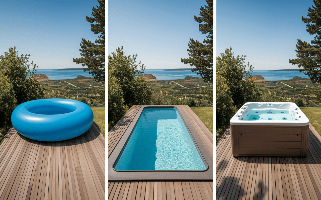 comparatif trois piscines sur une terrasse