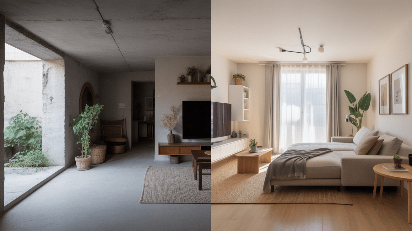 Avant apres sous sol lumineux amenagement sous sol