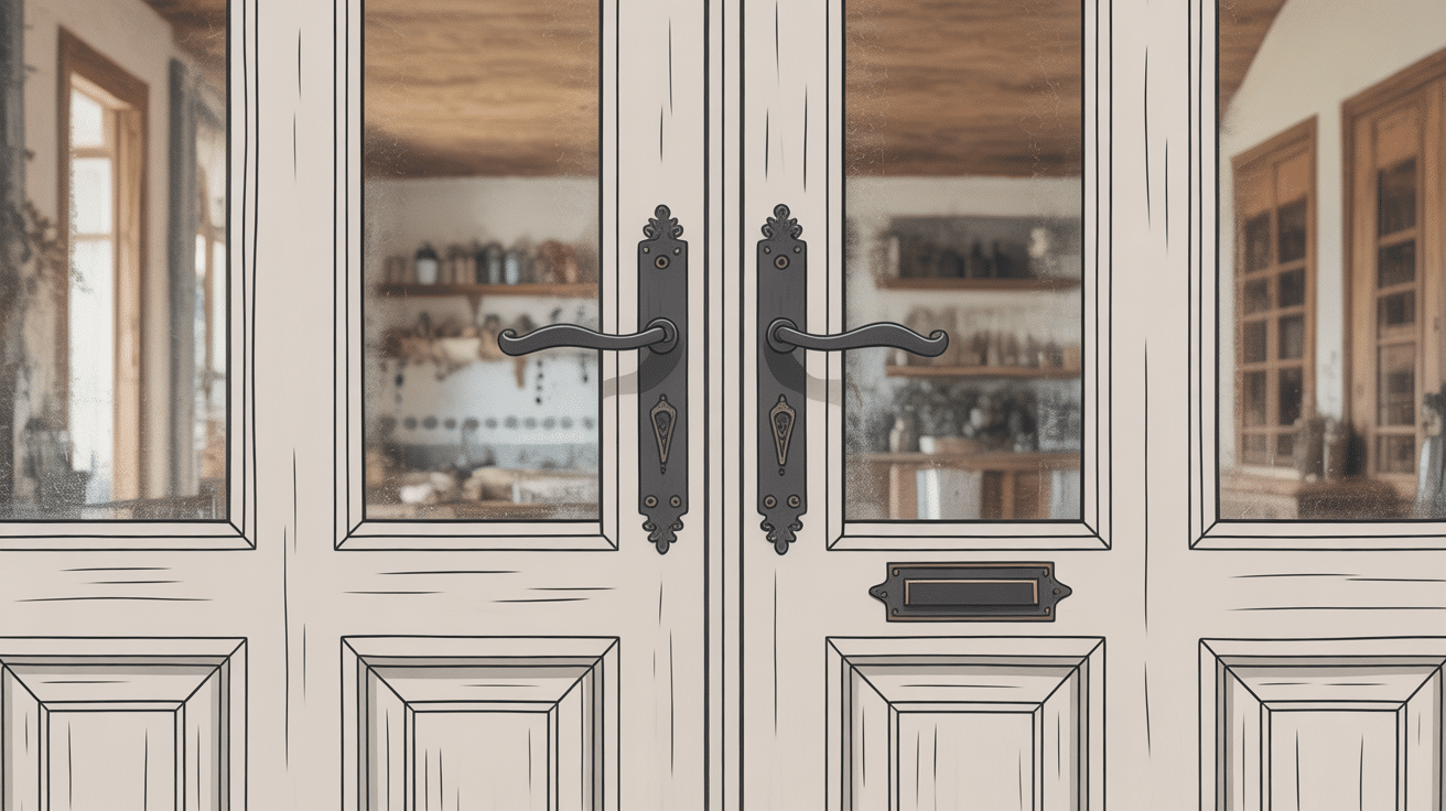 détails porte d'entrée style campagne panneaux moulures ferrures