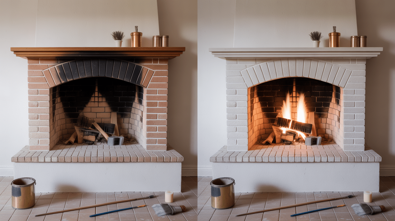 Avant après cheminée peinte, brique blanche, outils peinture